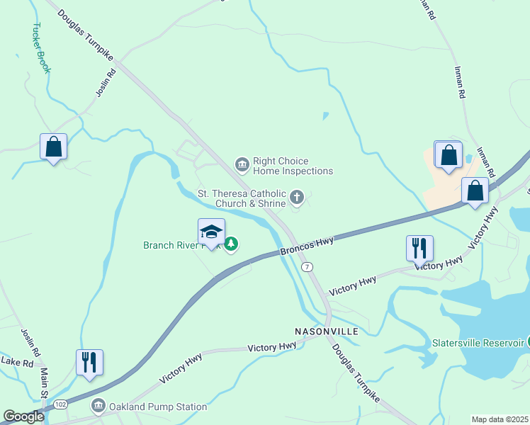 map of restaurants, bars, coffee shops, grocery stores, and more near 874 Douglas Turnpike in Burrillville