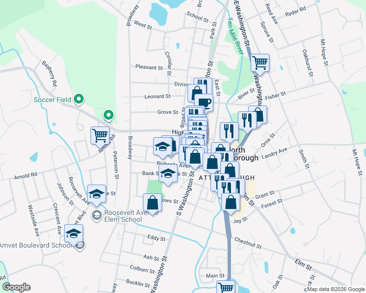 map of restaurants, bars, coffee shops, grocery stores, and more near 19 Church Street in North Attleborough