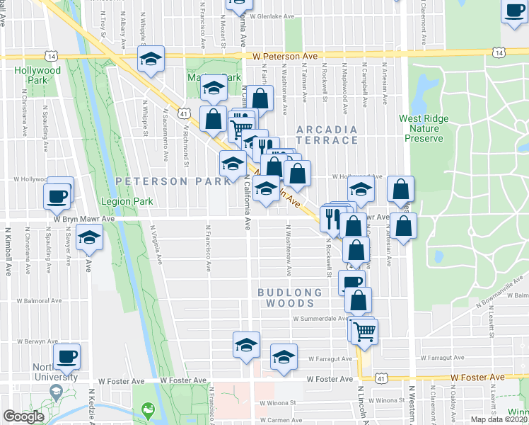 map of restaurants, bars, coffee shops, grocery stores, and more near 5600 North Fairfield Avenue in Chicago