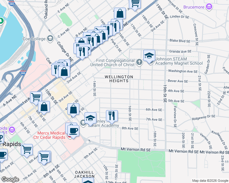 map of restaurants, bars, coffee shops, grocery stores, and more near 1511 4th Avenue Southeast in Cedar Rapids