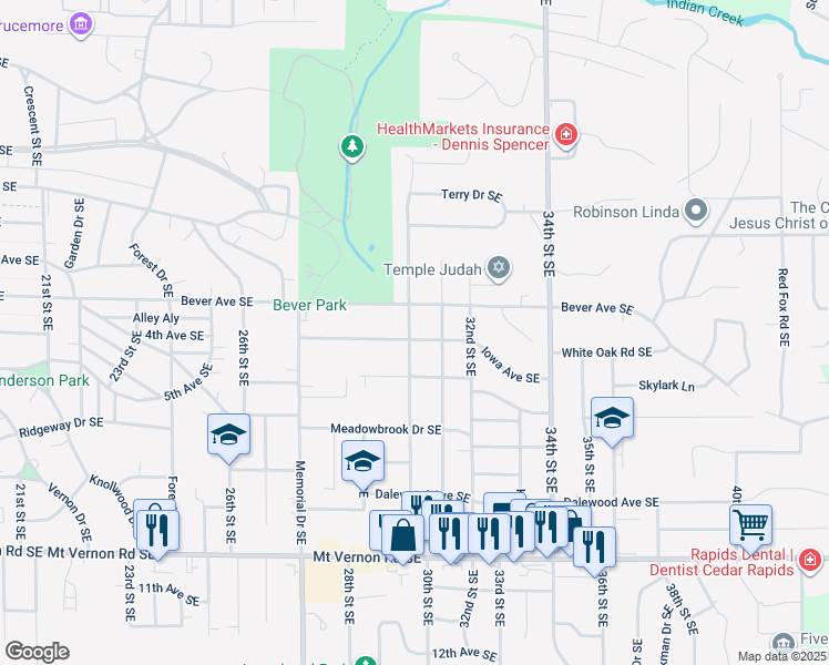 map of restaurants, bars, coffee shops, grocery stores, and more near 390 30th Street Southeast in Cedar Rapids