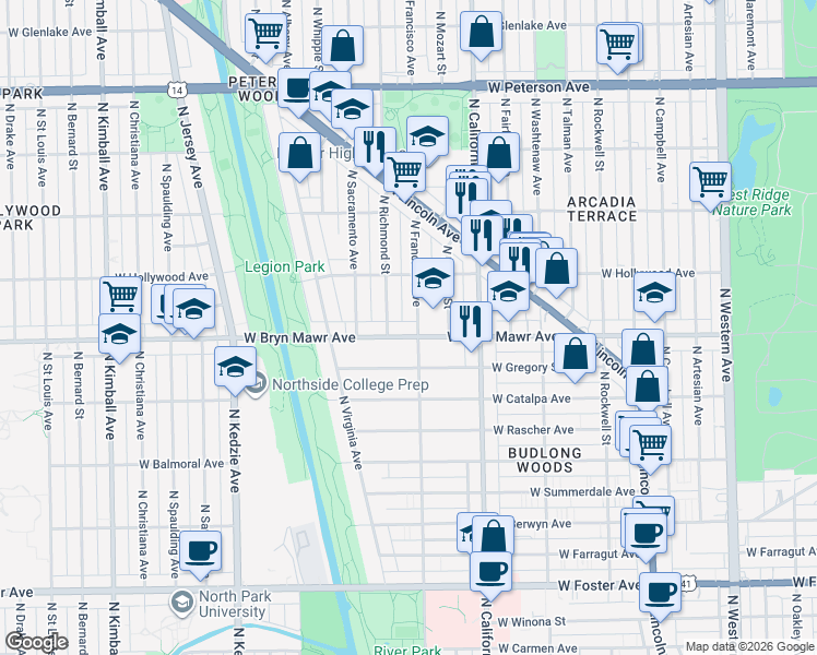 map of restaurants, bars, coffee shops, grocery stores, and more near 2906 W Bryn Mawr Ave in Chicago