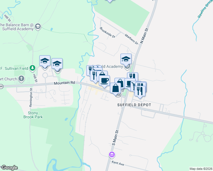 map of restaurants, bars, coffee shops, grocery stores, and more near 82 Mountain Road in Suffield