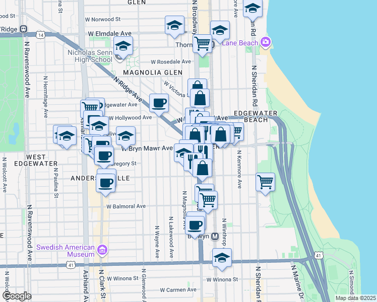 map of restaurants, bars, coffee shops, grocery stores, and more near 5555 North Magnolia Avenue in Chicago