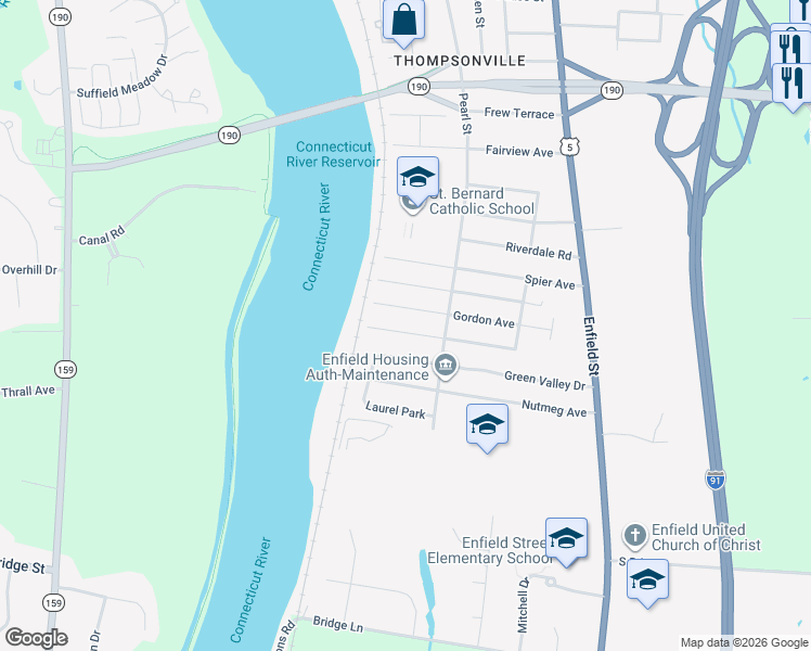 map of restaurants, bars, coffee shops, grocery stores, and more near 16 Orchard Hill Drive in Enfield