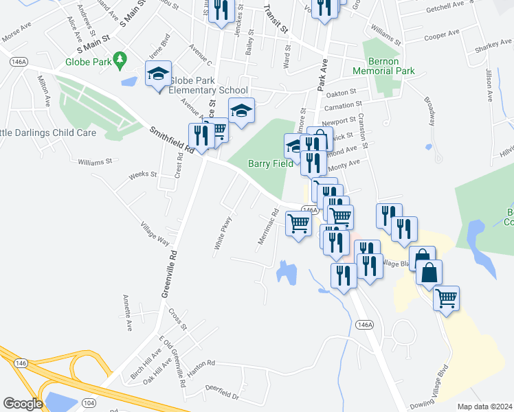 map of restaurants, bars, coffee shops, grocery stores, and more near 10 Glen Avenue in North Smithfield