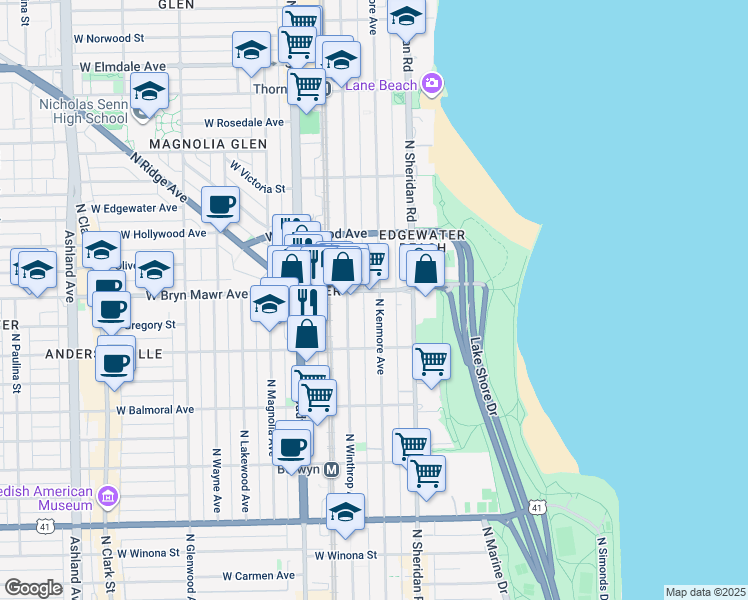 map of restaurants, bars, coffee shops, grocery stores, and more near 5550 North Kenmore Avenue in Chicago