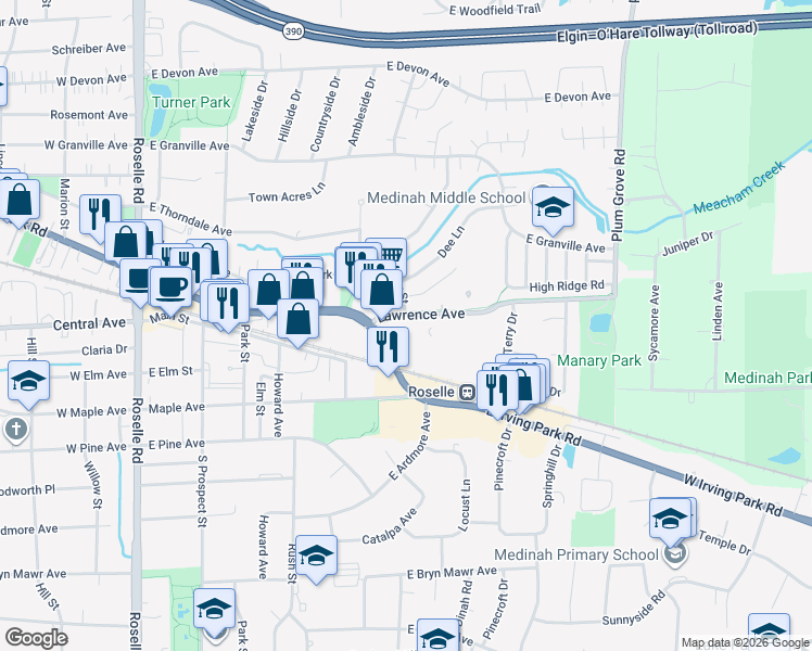 map of restaurants, bars, coffee shops, grocery stores, and more near 519 Lawrence Avenue in Roselle