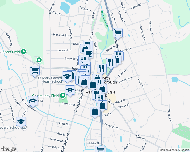map of restaurants, bars, coffee shops, grocery stores, and more near 104 East Street in North Attleborough