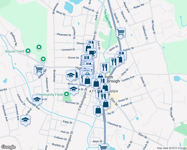 map of restaurants, bars, coffee shops, grocery stores, and more near 104 East Street in North Attleborough