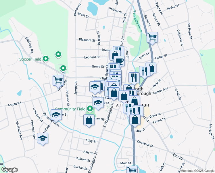 map of restaurants, bars, coffee shops, grocery stores, and more near 39 Church Street in North Attleborough
