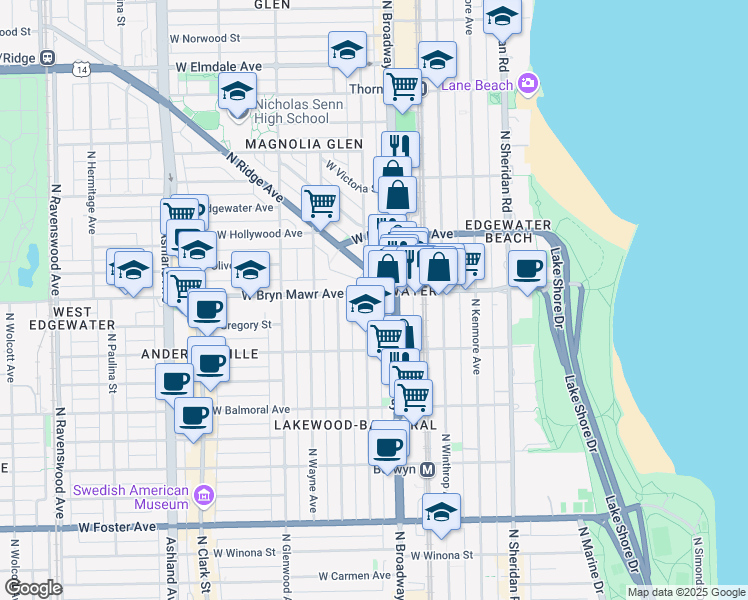 map of restaurants, bars, coffee shops, grocery stores, and more near 5552 North Magnolia Avenue in Chicago