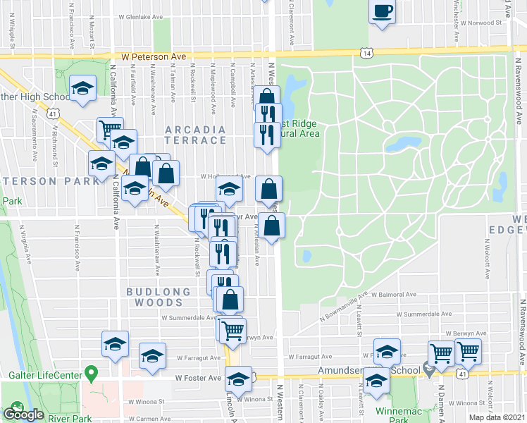 map of restaurants, bars, coffee shops, grocery stores, and more near 5616 North Western Avenue in Chicago