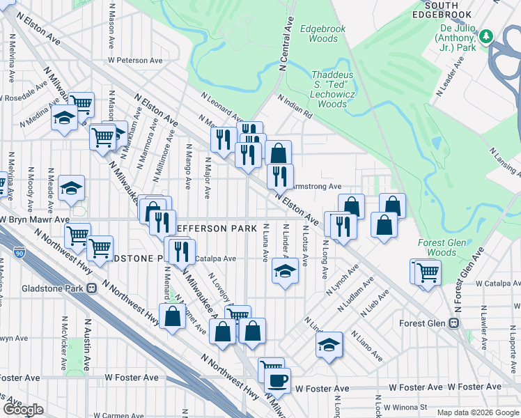 map of restaurants, bars, coffee shops, grocery stores, and more near 5617 North Central Avenue in Chicago