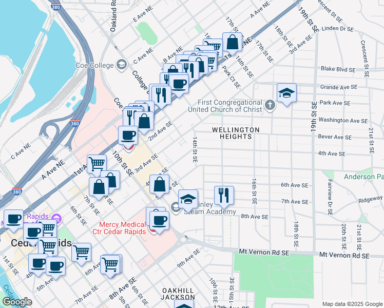 map of restaurants, bars, coffee shops, grocery stores, and more near 1261 4th Avenue Southeast in Cedar Rapids