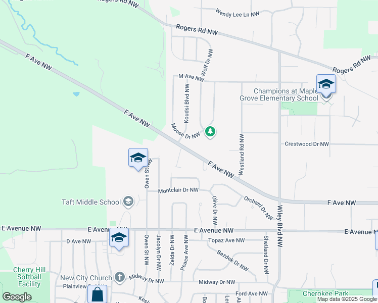 map of restaurants, bars, coffee shops, grocery stores, and more near 805 Moose Drive Northwest in Cedar Rapids