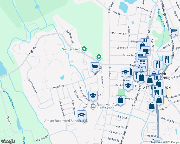map of restaurants, bars, coffee shops, grocery stores, and more near 19 Taylor Street in North Attleborough