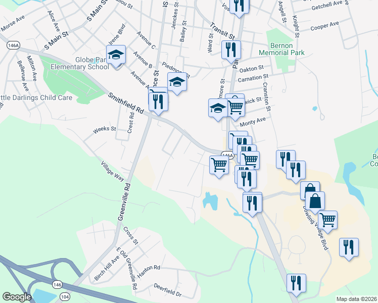 map of restaurants, bars, coffee shops, grocery stores, and more near 10 Glen Avenue in North Smithfield