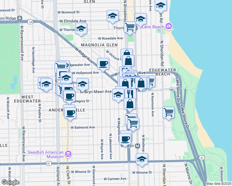 map of restaurants, bars, coffee shops, grocery stores, and more near 5550 North Magnolia Avenue in Chicago