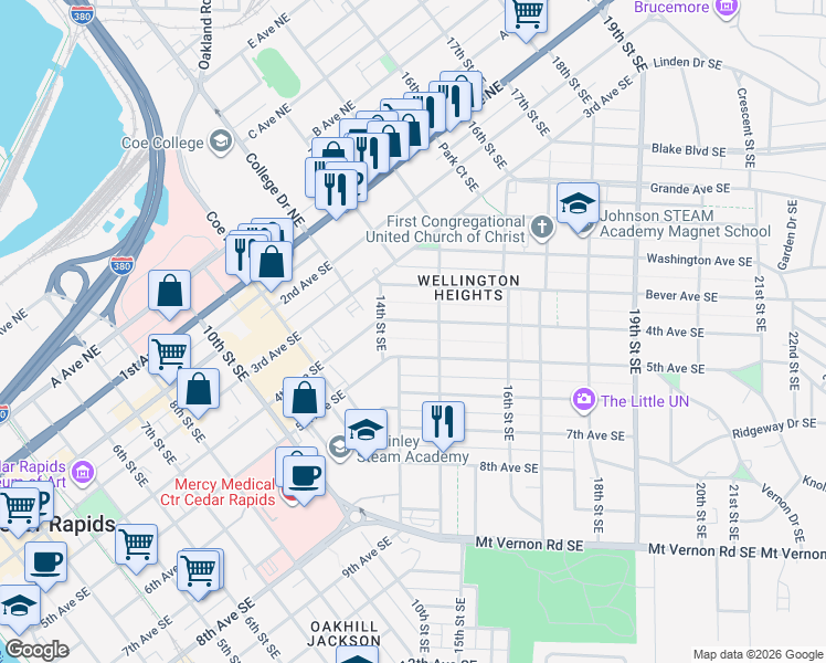 map of restaurants, bars, coffee shops, grocery stores, and more near 1431 4th Avenue Southeast in Cedar Rapids