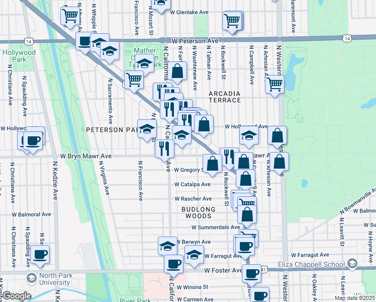 map of restaurants, bars, coffee shops, grocery stores, and more near 2716 West Bryn Mawr Avenue in Chicago