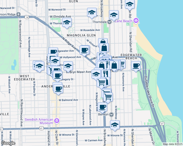 map of restaurants, bars, coffee shops, grocery stores, and more near 1255 W Bryn Mawr Ave in Chicago