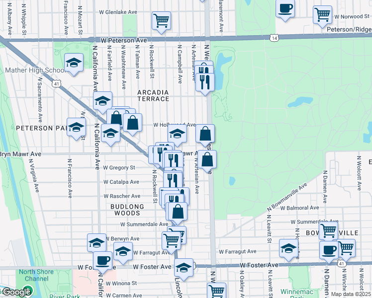 map of restaurants, bars, coffee shops, grocery stores, and more near 2452 W Bryn Mawr Ave in Chicago