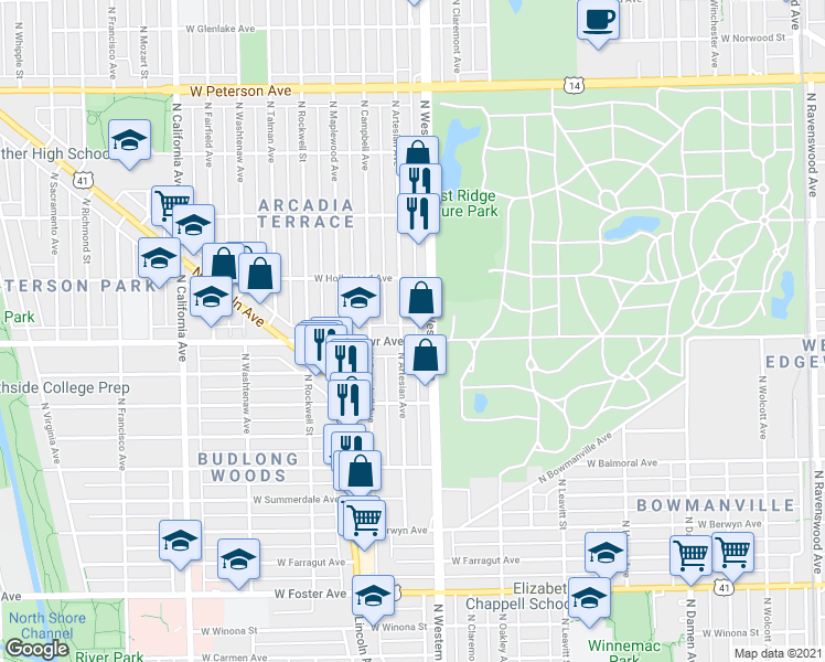 map of restaurants, bars, coffee shops, grocery stores, and more near 5616 North Western Avenue in Chicago