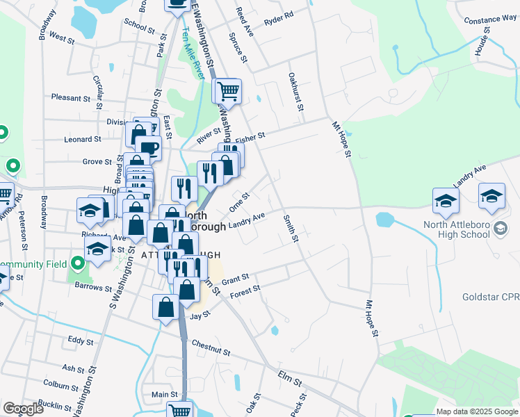 map of restaurants, bars, coffee shops, grocery stores, and more near 883 Landry Avenue in North Attleborough