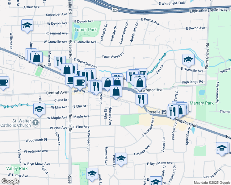 map of restaurants, bars, coffee shops, grocery stores, and more near 239 Irving Park Road in Roselle