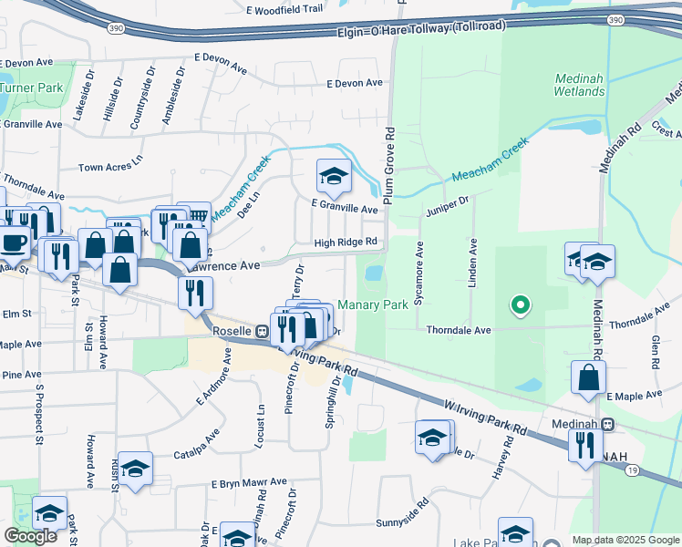 map of restaurants, bars, coffee shops, grocery stores, and more near 705 Morningside Court in Roselle