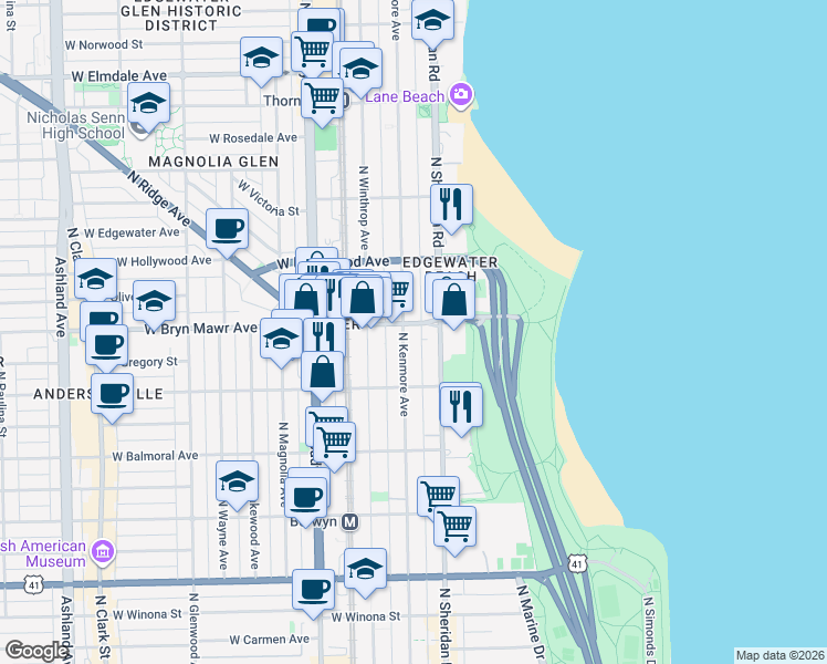 map of restaurants, bars, coffee shops, grocery stores, and more near 5556 North Sheridan Road in Chicago