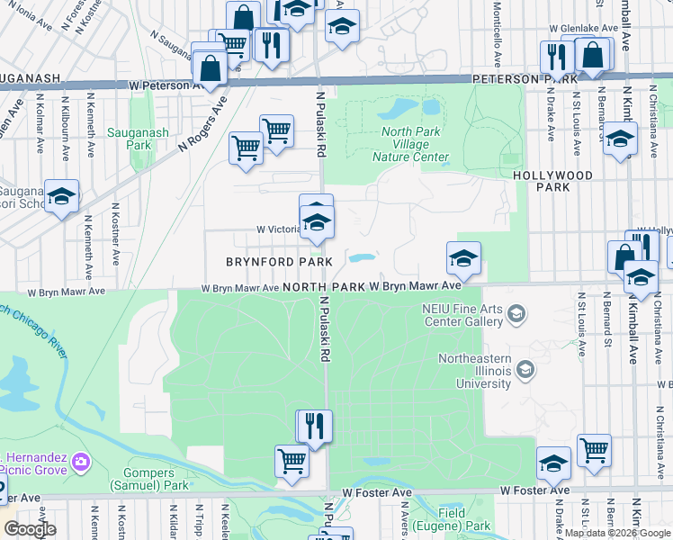 map of restaurants, bars, coffee shops, grocery stores, and more near 5601 North Pulaski Road in Chicago
