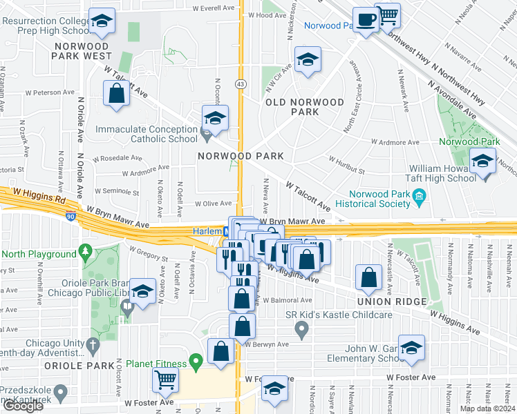 map of restaurants, bars, coffee shops, grocery stores, and more near 5624 North Neva Avenue in Chicago
