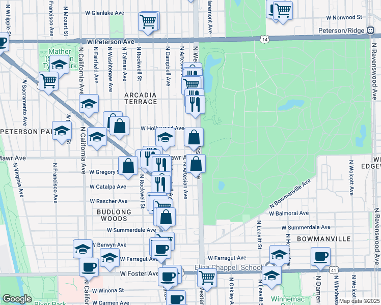 map of restaurants, bars, coffee shops, grocery stores, and more near 2414 West Bryn Mawr Avenue in Chicago