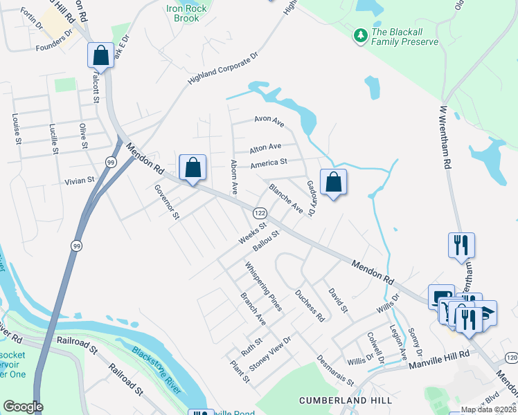 map of restaurants, bars, coffee shops, grocery stores, and more near 3889 Mendon Road in Cumberland