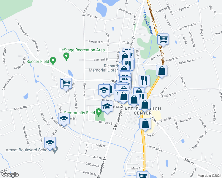 map of restaurants, bars, coffee shops, grocery stores, and more near 39 Church Street in North Attleborough