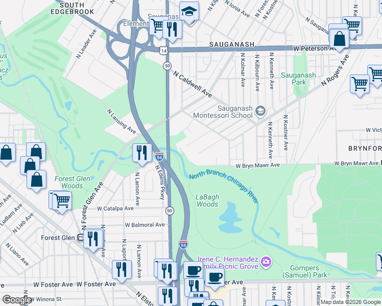 map of restaurants, bars, coffee shops, grocery stores, and more near 4734 West Bryn Mawr Avenue in Chicago
