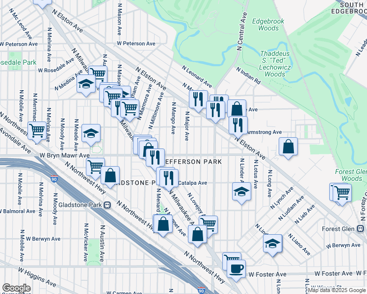 map of restaurants, bars, coffee shops, grocery stores, and more near 5614 North Major Avenue in Chicago