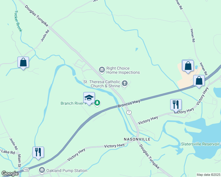 map of restaurants, bars, coffee shops, grocery stores, and more near 874 Douglas Turnpike in Burrillville