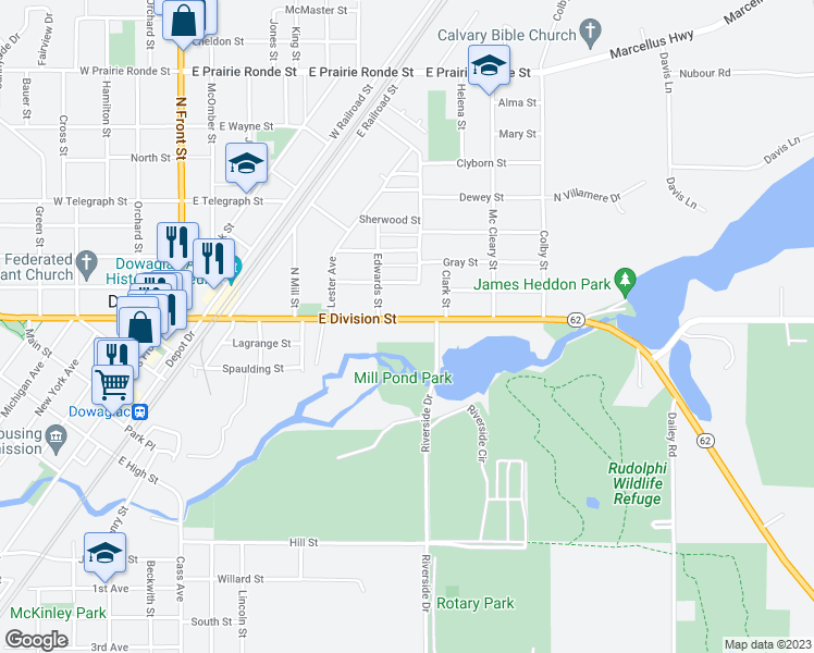 map of restaurants, bars, coffee shops, grocery stores, and more near 434 East Division Street in Dowagiac