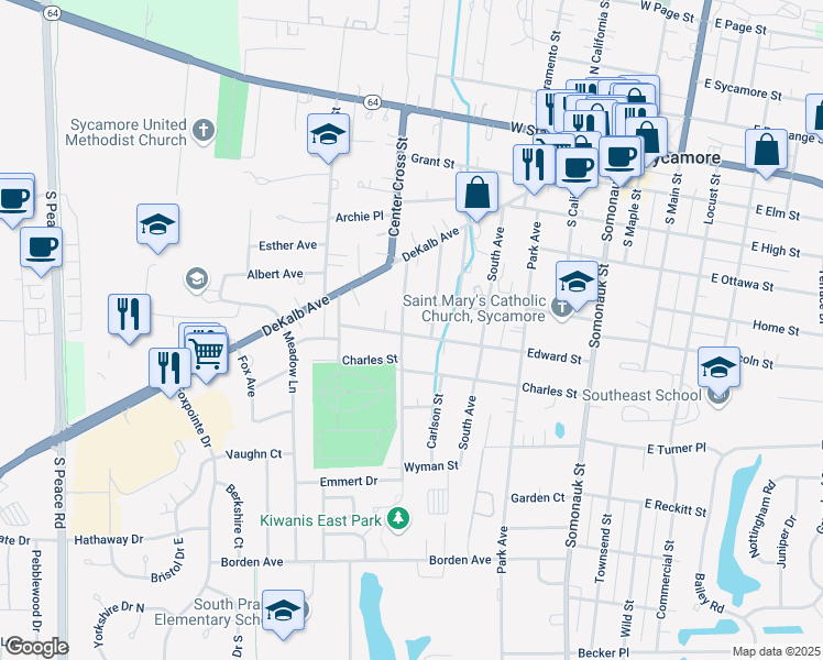 map of restaurants, bars, coffee shops, grocery stores, and more near 521 Edward Street in Sycamore