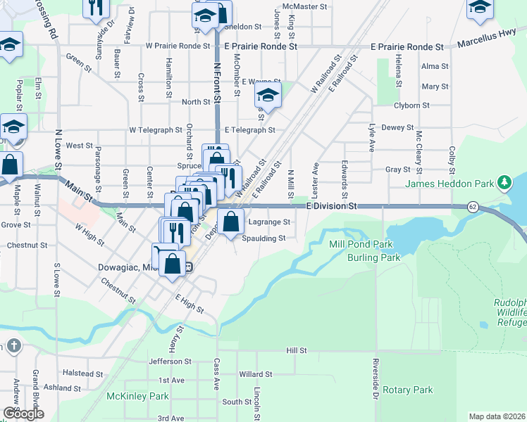 map of restaurants, bars, coffee shops, grocery stores, and more near 308 East Division Street in Dowagiac
