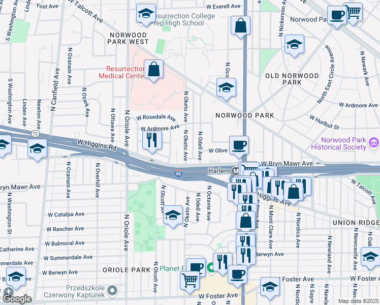 map of restaurants, bars, coffee shops, grocery stores, and more near 5627 N Oketo Ave in Chicago
