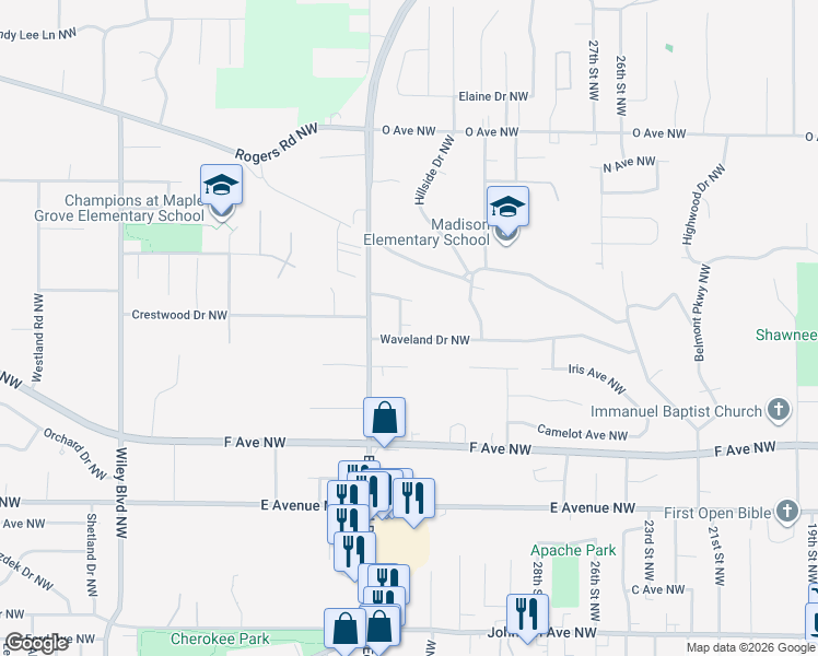 map of restaurants, bars, coffee shops, grocery stores, and more near 1107 Woodlark Lane Northwest in Cedar Rapids