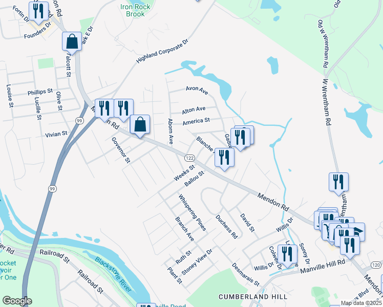 map of restaurants, bars, coffee shops, grocery stores, and more near 3883 Mendon Road in Cumberland