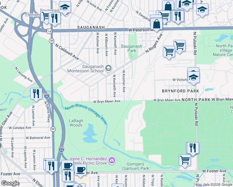 map of restaurants, bars, coffee shops, grocery stores, and more near 5627 North Kenneth Avenue in Chicago