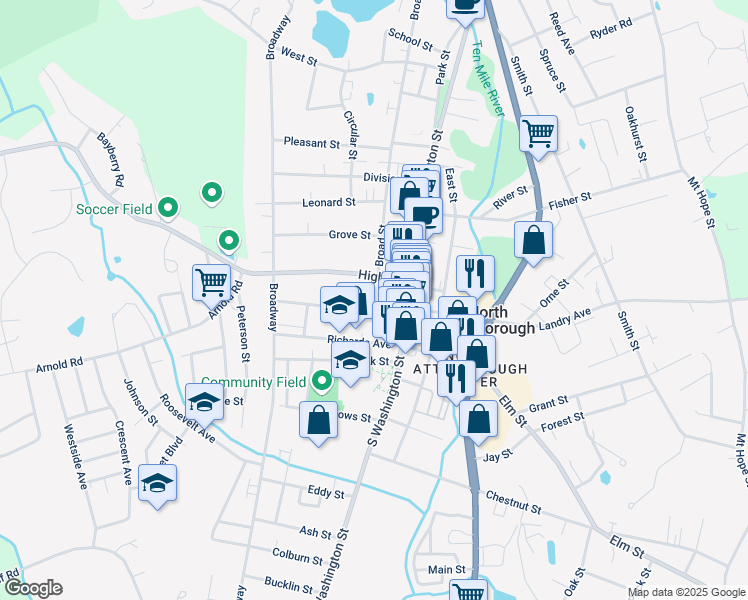 map of restaurants, bars, coffee shops, grocery stores, and more near 39 Church Street in North Attleborough