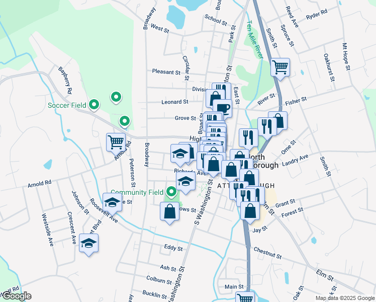map of restaurants, bars, coffee shops, grocery stores, and more near 39 Church Street in North Attleborough