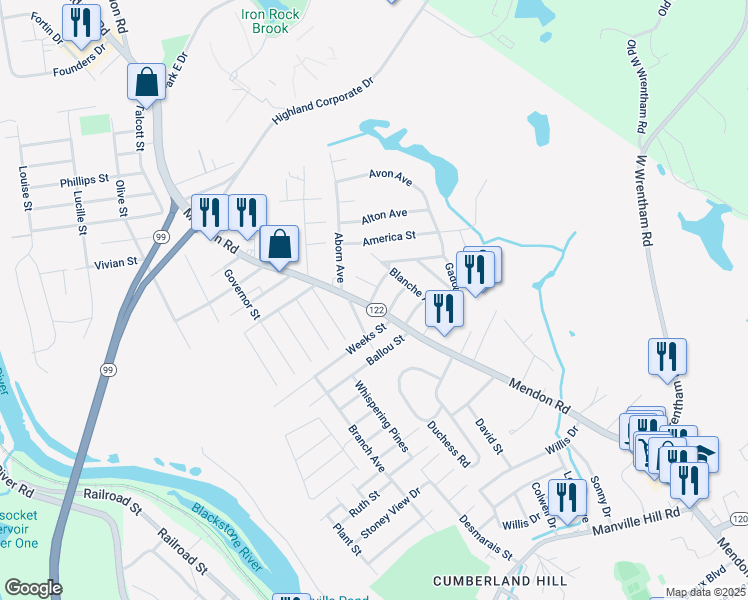 map of restaurants, bars, coffee shops, grocery stores, and more near 3883 Mendon Road in Cumberland